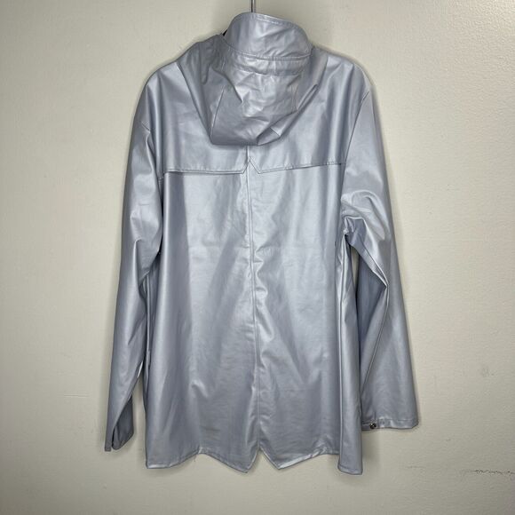 Rains Unisex Pale Blue Front Snap Midline Drawstring Hooded Rain Jacket S / M - Picture 9 of 16